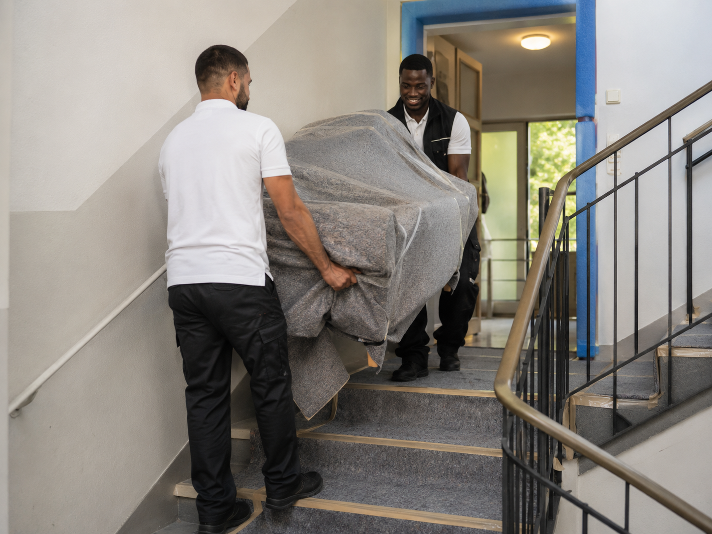 Zwei Mitarbeiter tragen ein deckenverpacktes Sofa über das mit Schutzmatten ausgelegte Treppenhaus